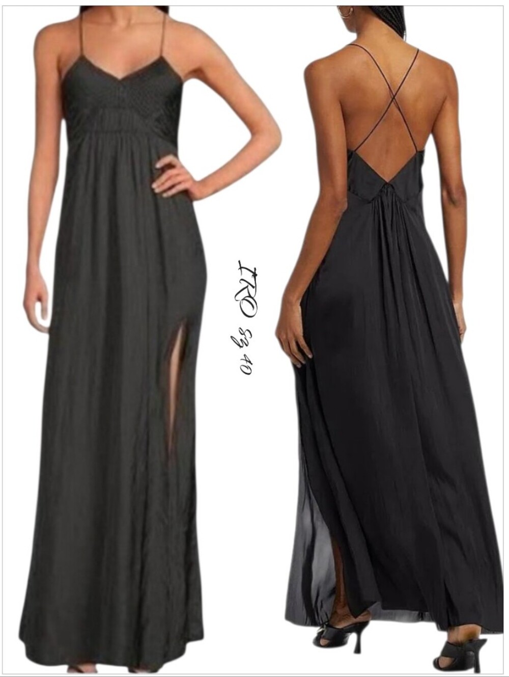 IRO Ingrid Poly Satin Black Maxi Dress Open Criss-Cross Back Slit 40